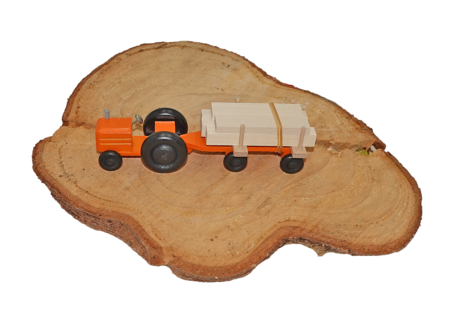 Erzgebirge Miniatur Traktor mit Anhänger Holztransport